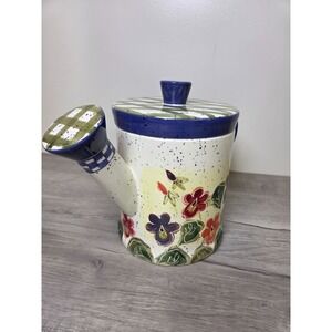 Vintage 1999 Julie Ueland Cookie Jar Watering Can Shape Colorful Pansies Lid